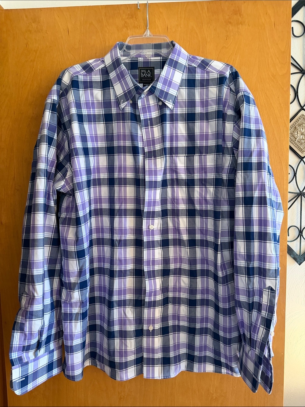 Jos. A. Bank traveler mens blue, purple and white plaid button down shirt